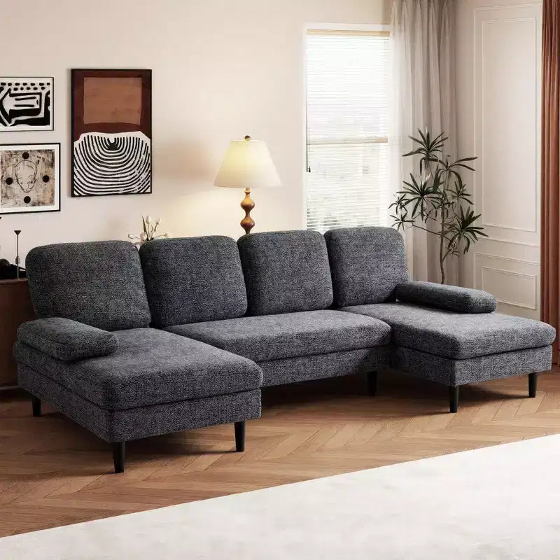 Canapé modulable moderne en U Okak avec pieds en bois, canapés inclinables en tissu chenille pour salon, appartements