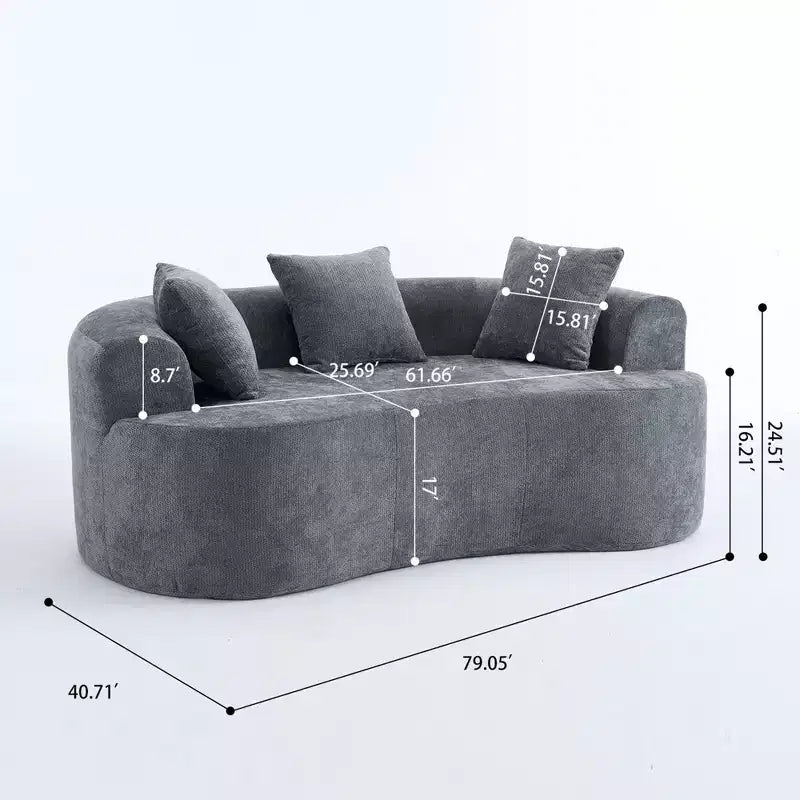 Canapé moderne Okak en croissant, dossier bas, avec coussins profonds et oreillers, canapé-futon en tissu chenille pour salon, appartements