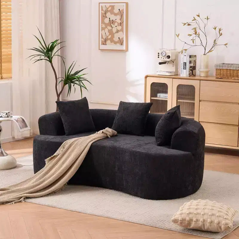 Canapé moderne Okak en croissant, dossier bas, avec coussins profonds et oreillers, canapé-futon en tissu chenille pour salon, appartements
