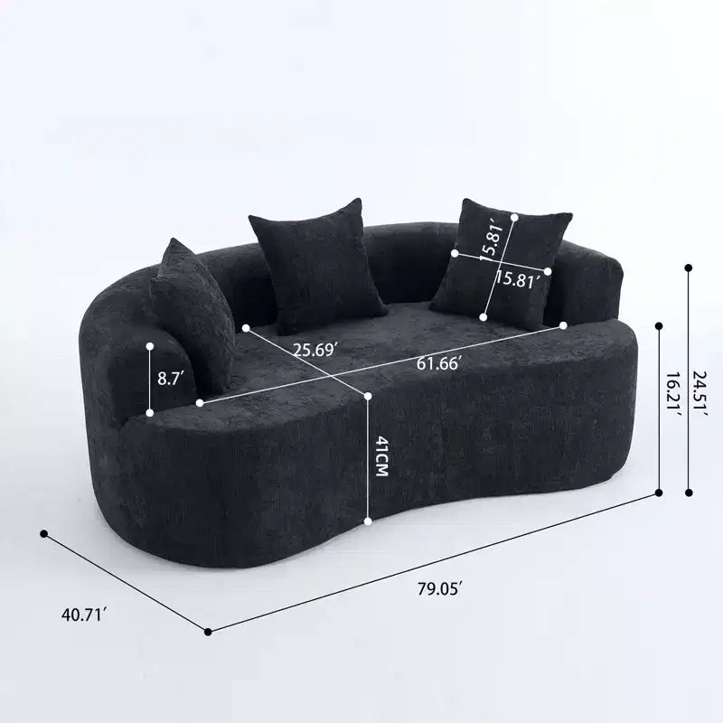 Canapé moderne Okak en croissant, dossier bas, avec coussins profonds et oreillers, canapé-futon en tissu chenille pour salon, appartements