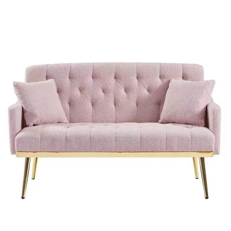 Upholstered Loveseat Couch With 2 Pillows Metal Legs Foam Couch Sleeper Sofa For Guest Room Office Living Room, Pink Teddy Fabric