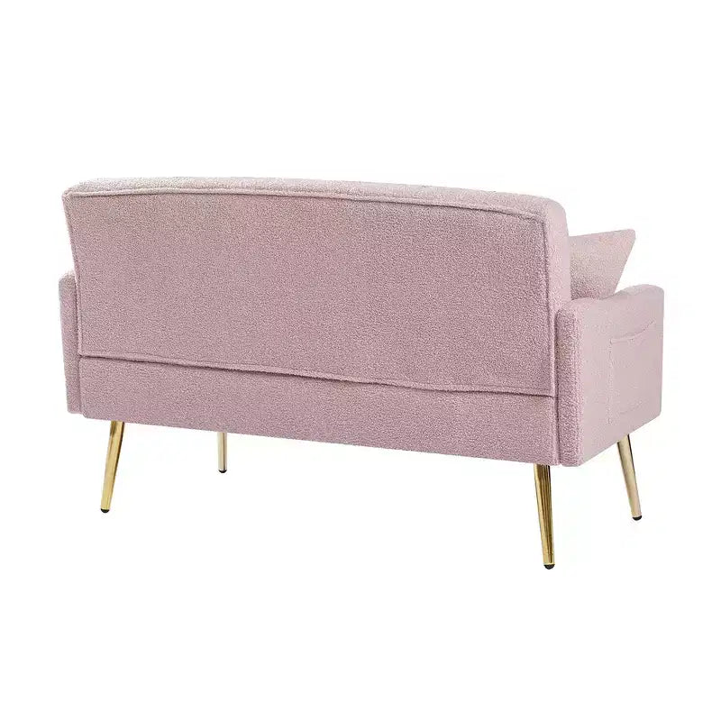 Upholstered Loveseat Couch With 2 Pillows Metal Legs Foam Couch Sleeper Sofa For Guest Room Office Living Room, Pink Teddy Fabric