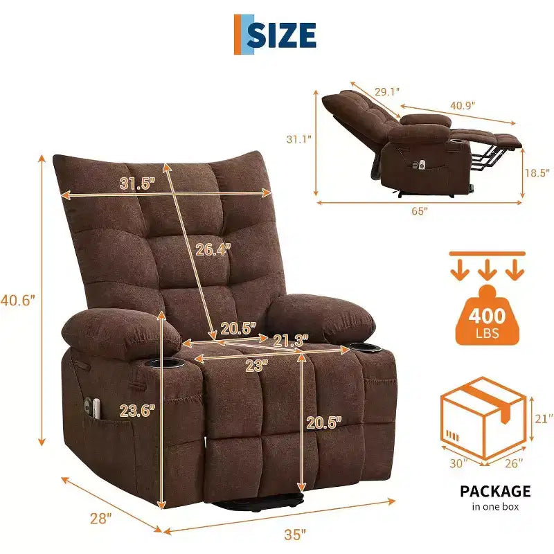 Power Lift Recliner Chair for Elderly - Electric Massage & Heat Recliner with 45 Assist Stand, Swivel Rocker with Cup Holders, Reclining Lounge