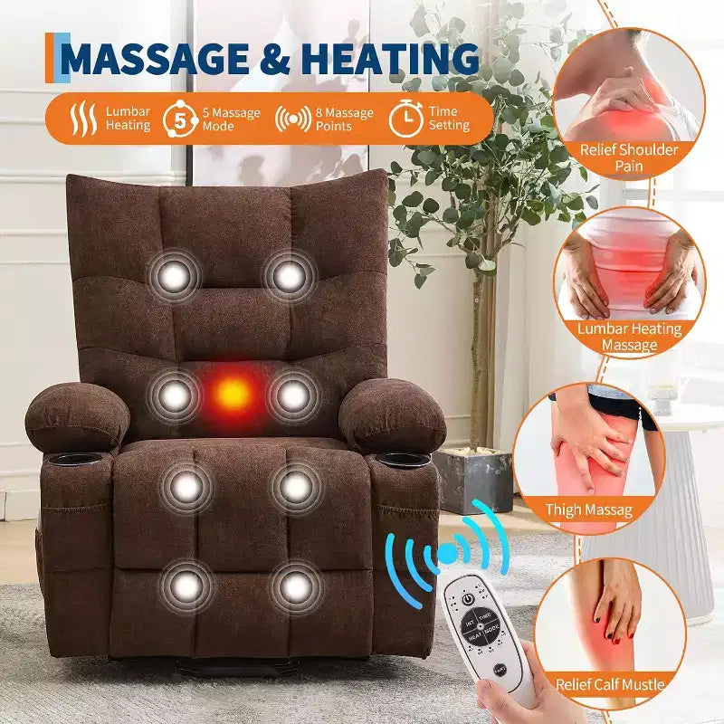 Power Lift Recliner Chair for Elderly - Electric Massage & Heat Recliner with 45 Assist Stand, Swivel Rocker with Cup Holders, Reclining Lounge