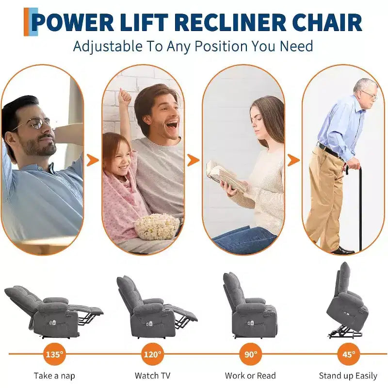 Power Lift Recliner Chair for Elderly - Electric Massage & Heat Recliner with 45 Assist Stand, Swivel Rocker with Cup Holders, Reclining Lounge