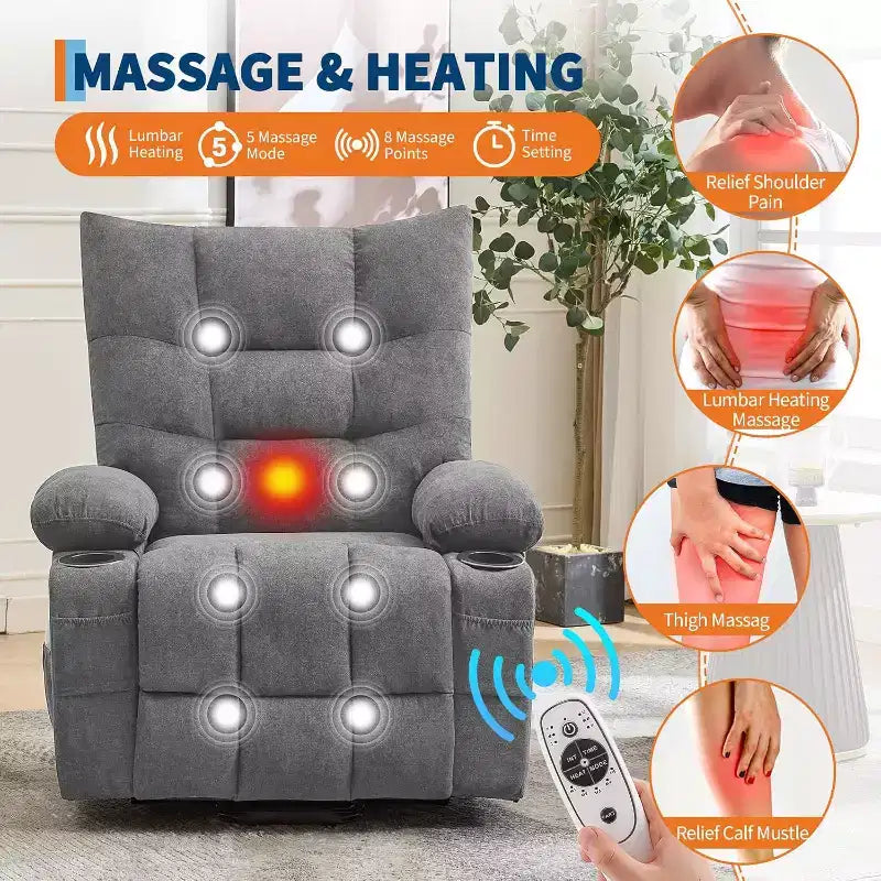 Power Lift Recliner Chair for Elderly - Electric Massage & Heat Recliner with 45 Assist Stand, Swivel Rocker with Cup Holders, Reclining Lounge