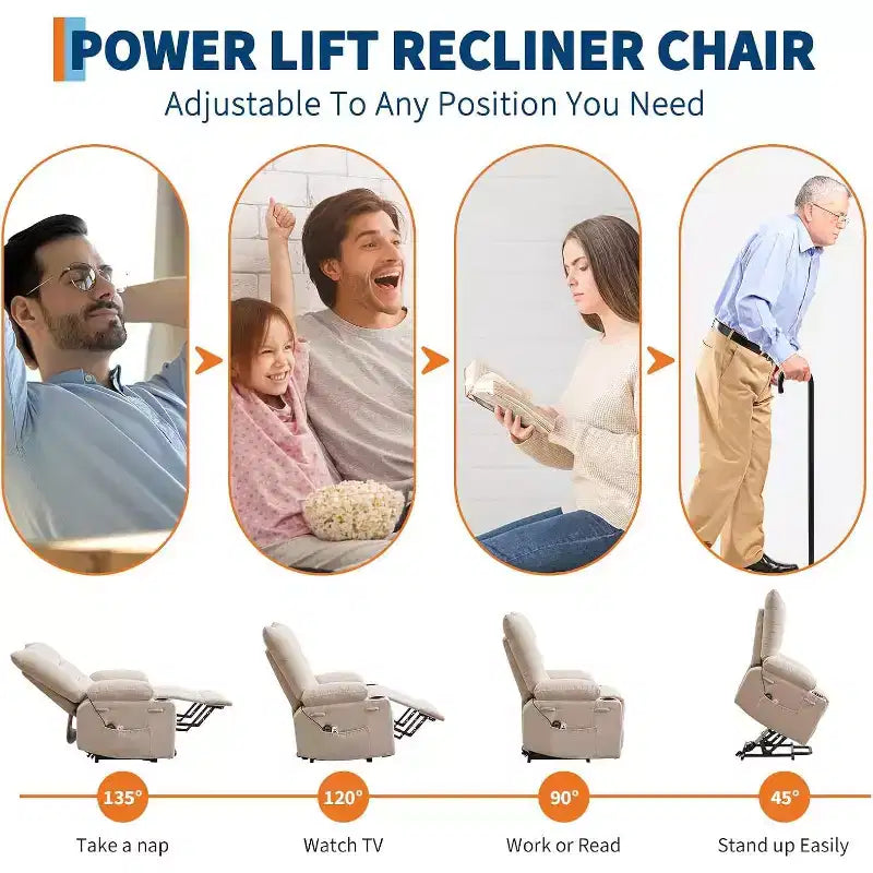Power Lift Recliner Chair for Elderly - Electric Massage & Heat Recliner with 45 Assist Stand, Swivel Rocker with Cup Holders, Reclining Lounge