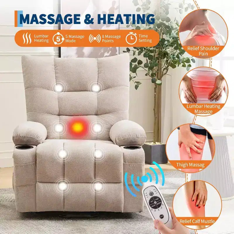 Power Lift Recliner Chair for Elderly - Electric Massage & Heat Recliner with 45 Assist Stand, Swivel Rocker with Cup Holders, Reclining Lounge
