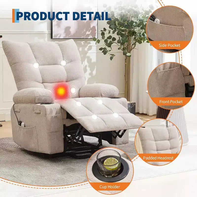Power Lift Recliner Chair for Elderly - Electric Massage & Heat Recliner with 45 Assist Stand, Swivel Rocker with Cup Holders, Reclining Lounge
