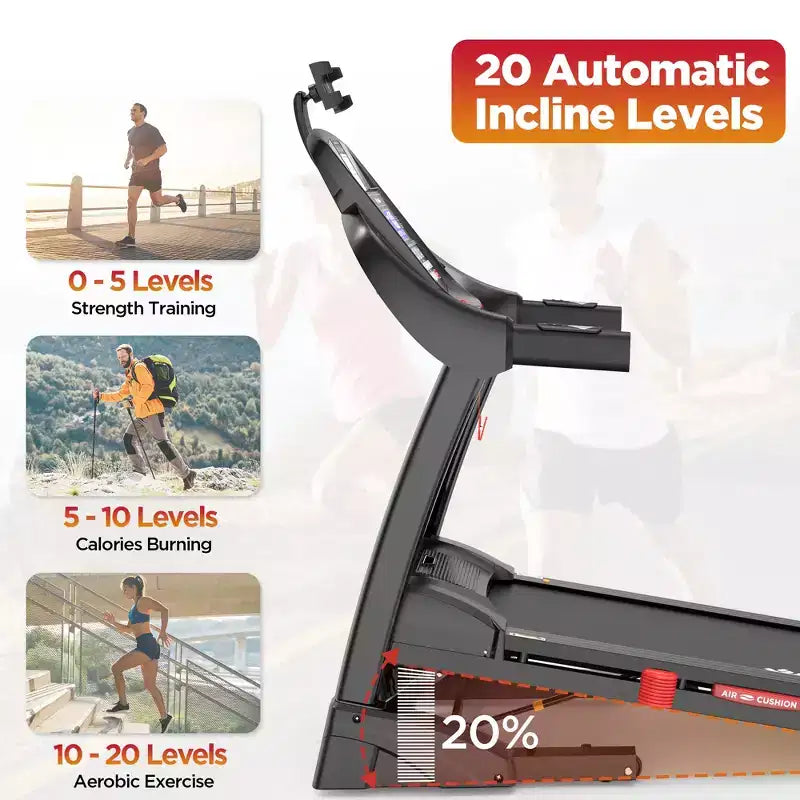 Tapis de course pliable à inclinaison automatique 20 % pour la maison, moteur silencieux 5 CV, 180 kg, machine de marche et de course compacte avec contrôle via application, 71 programmes et Bluetooth