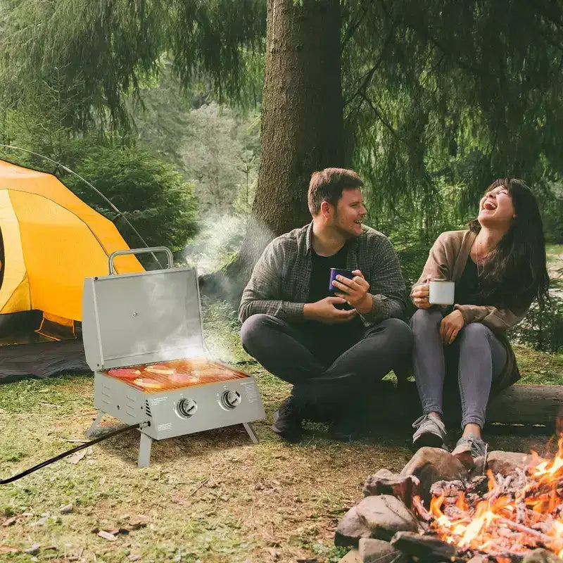 Okak 2-Burner Propane Gas Grill with Foldable Legs, Lid and Thermometer, Portable Grill, Camping Grill for Camping, Picnic, Backyard