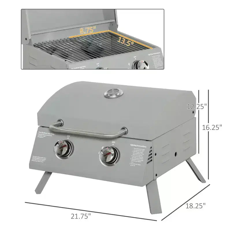 Okak 2-Burner Propane Gas Grill with Foldable Legs, Lid and Thermometer, Portable Grill, Camping Grill for Camping, Picnic, Backyard