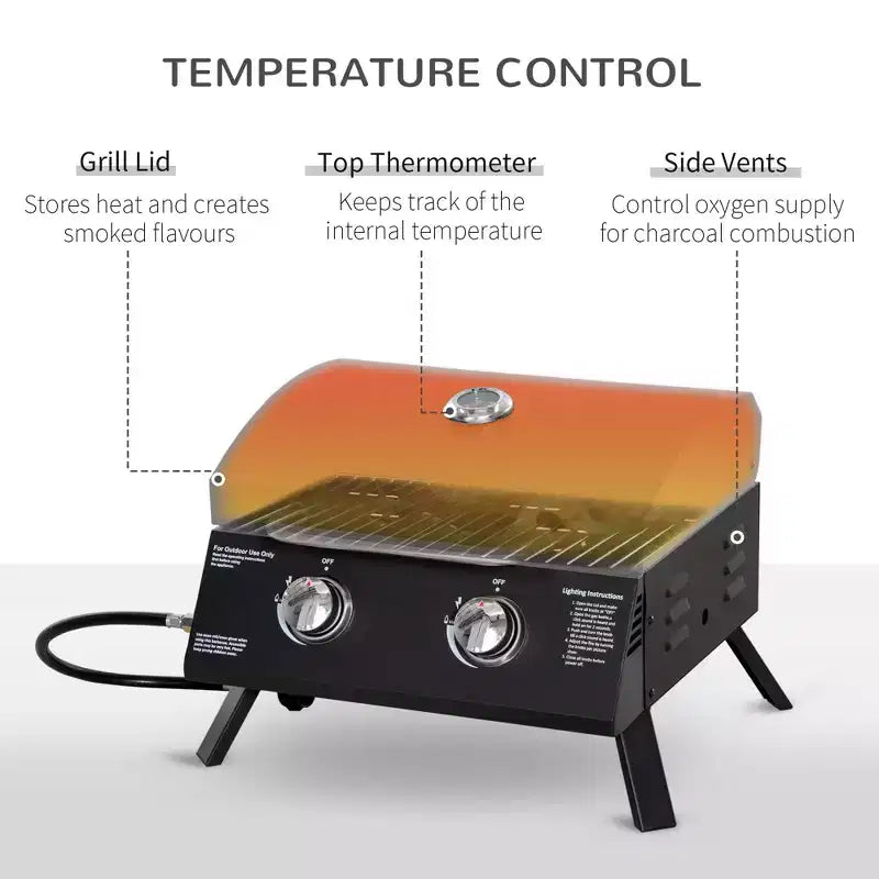 Okak 2-Burner Propane Gas Grill with Foldable Legs, Lid and Thermometer, Portable Grill, Camping Grill for Camping, Picnic, Backyard