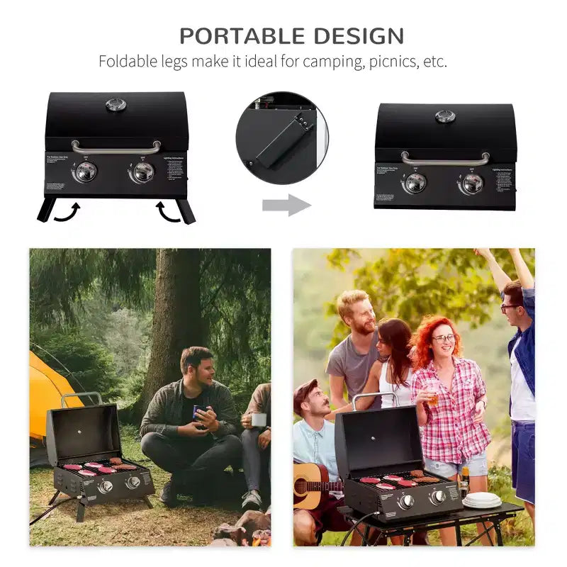 Okak 2-Burner Propane Gas Grill with Foldable Legs, Lid and Thermometer, Portable Grill, Camping Grill for Camping, Picnic, Backyard