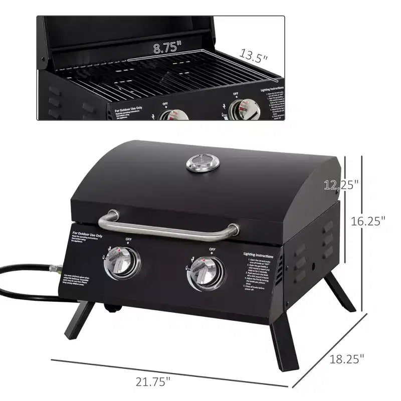 Okak 2-Burner Propane Gas Grill with Foldable Legs, Lid and Thermometer, Portable Grill, Camping Grill for Camping, Picnic, Backyard