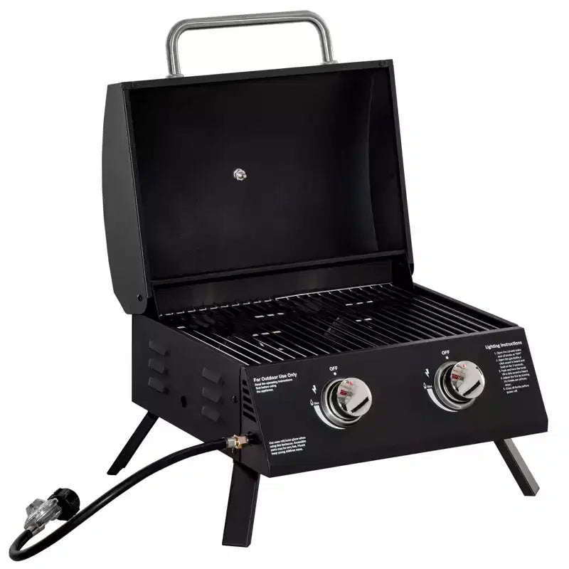 Okak 2-Burner Propane Gas Grill with Foldable Legs, Lid and Thermometer, Portable Grill, Camping Grill for Camping, Picnic, Backyard