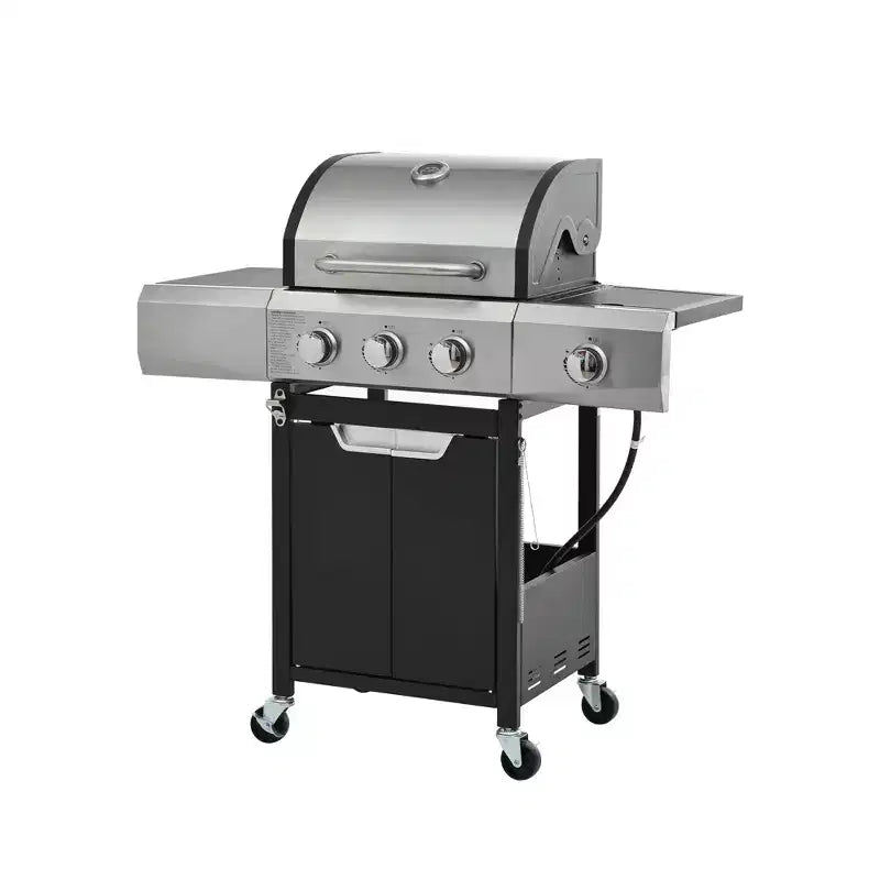 Okak Stainless Steel Propane Grill with 3/4 Burners, Bbq Grill with Side Burner and 2 Cabinet Doors, Outdoor Grill for BBQ, Camping