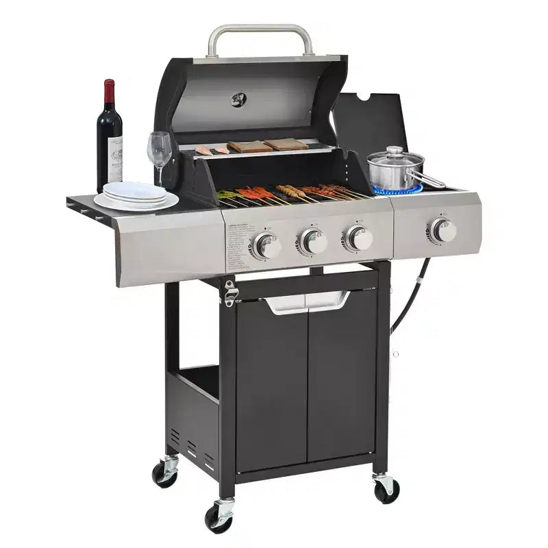 Okak Stainless Steel Propane Grill with 3/4 Burners, Bbq Grill with Side Burner and 2 Cabinet Doors, Outdoor Grill for BBQ, Camping