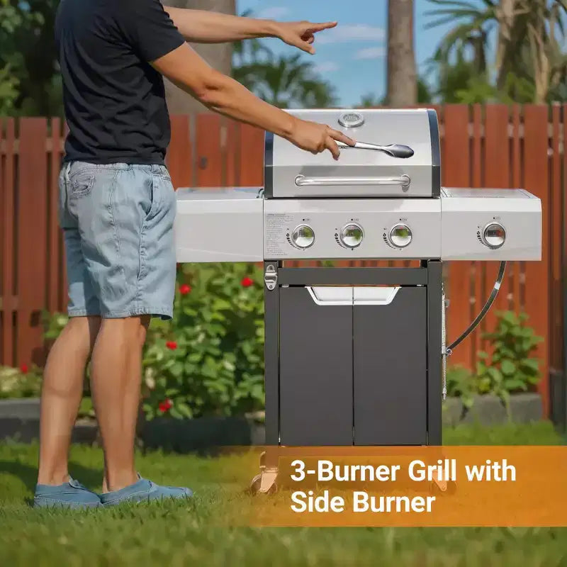 Okak Stainless Steel Propane Grill with 3/4 Burners, Bbq Grill with Side Burner and 2 Cabinet Doors, Outdoor Grill for BBQ, Camping