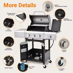 Okak Stainless Steel Propane Grill with 3/4 Burners, Bbq Grill with Side Burner and 2 Cabinet Doors, Outdoor Grill for BBQ, Camping