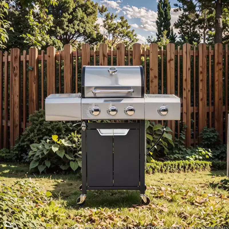 Okak Stainless Steel Propane Grill with 3/4 Burners, Bbq Grill with Side Burner and 2 Cabinet Doors, Outdoor Grill for BBQ, Camping