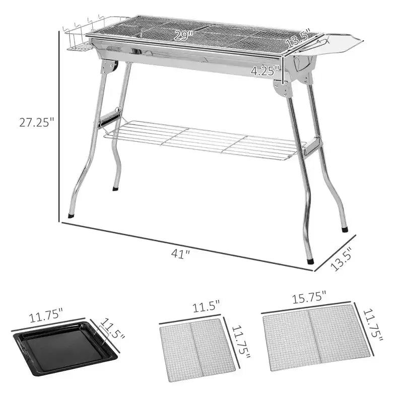 Okak Stainless Steel Charcoal Grill with Foldable Design, Charcoal Grills with Shelf and Hooks, Portable Grill for Camping, Picnics, Silver