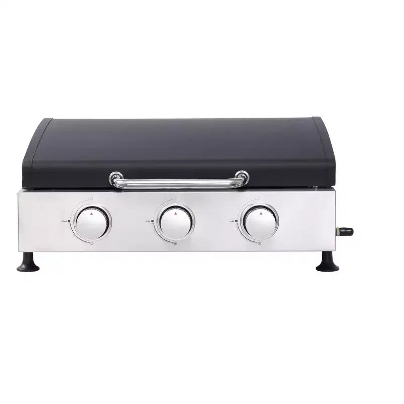 Okak Stainless Steel Propane Grill with 3 Burners, Portable Grill with Adujustable Bottons, Outdoor Grill for BBQ, Camping, Black+Silver
