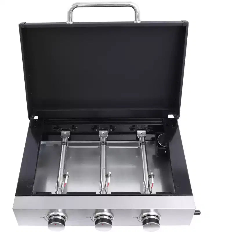 Okak Stainless Steel Propane Grill with 3 Burners, Portable Grill with Adujustable Bottons, Outdoor Grill for BBQ, Camping, Black+Silver