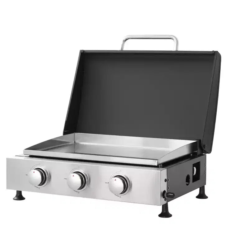 Okak Stainless Steel Propane Grill with 3 Burners, Portable Grill with Adujustable Bottons, Outdoor Grill for BBQ, Camping, Black+Silver