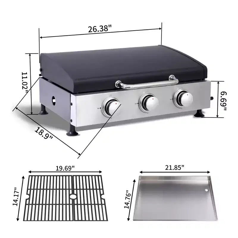 Okak Stainless Steel Propane Grill with 3 Burners, Portable Grill with Adujustable Bottons, Outdoor Grill for BBQ, Camping, Black+Silver