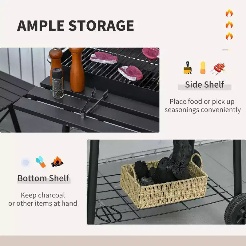 Okak 30IN Barbecue portable à charbon en forme de tonneau, Barbecue d'extérieur avec étagère de rangement et roues, Barbecue-fumoir pour jardin, camping, pique-nique, Noir
