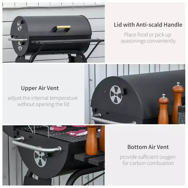 Okak 30IN Barbecue portable à charbon en forme de tonneau, Barbecue d'extérieur avec étagère de rangement et roues, Barbecue-fumoir pour jardin, camping, pique-nique, Noir