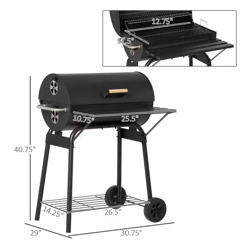 Okak 30IN Barbecue portable à charbon en forme de tonneau, Barbecue d'extérieur avec étagère de rangement et roues, Barbecue-fumoir pour jardin, camping, pique-nique, Noir
