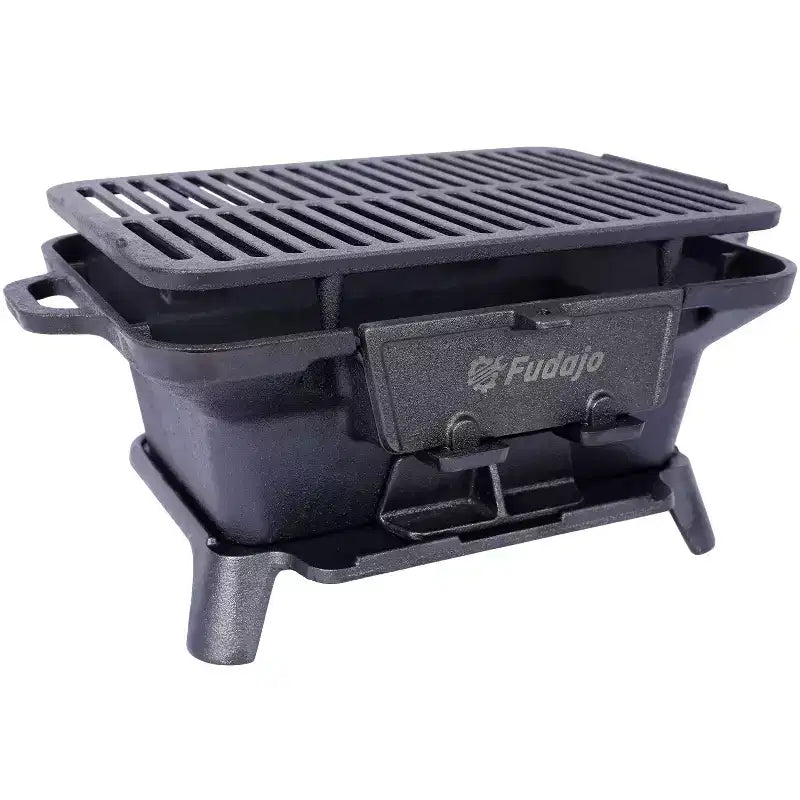 Okak Rectangular Bbq Grill with Cast Iron Frame, Portable Grill with Tabletop Cast Iron Skillet, Durable Charcoal Grills for Camping, Hiking, Black