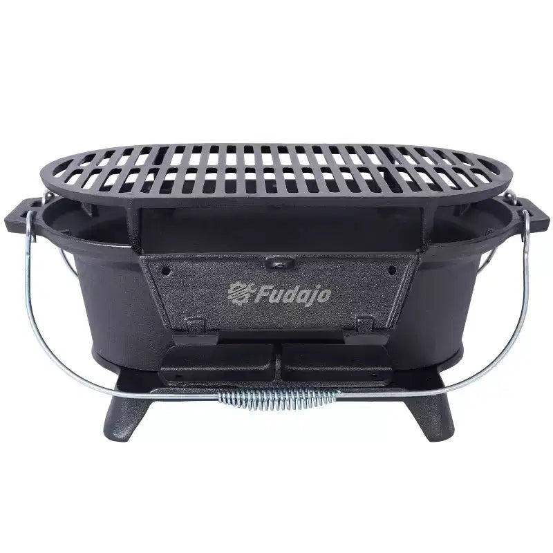 Okak Oval Bbq Grill with Cast Iron Frame, Portable Grill with Tabletop Cast Iron Skillet, Durable Charcoal Grills for Camping, Hiking, Picnics, Black