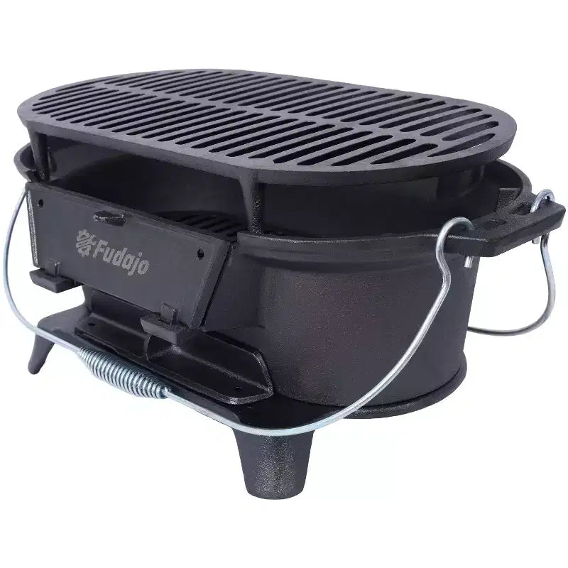 Okak Oval Bbq Grill with Cast Iron Frame, Portable Grill with Tabletop Cast Iron Skillet, Durable Charcoal Grills for Camping, Hiking, Picnics, Black