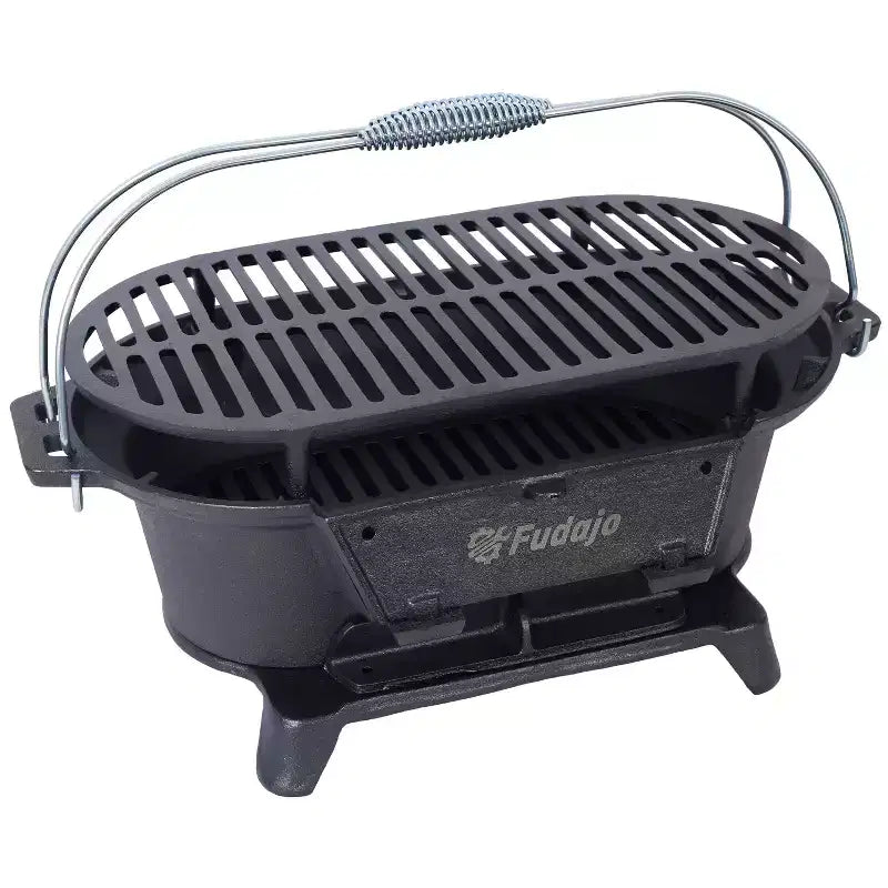Okak Oval Bbq Grill with Cast Iron Frame, Portable Grill with Tabletop Cast Iron Skillet, Durable Charcoal Grills for Camping, Hiking, Picnics, Black