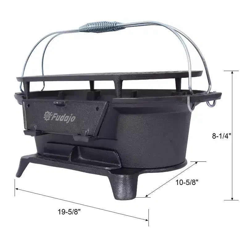 Okak Oval Bbq Grill with Cast Iron Frame, Portable Grill with Tabletop Cast Iron Skillet, Durable Charcoal Grills for Camping, Hiking, Picnics, Black