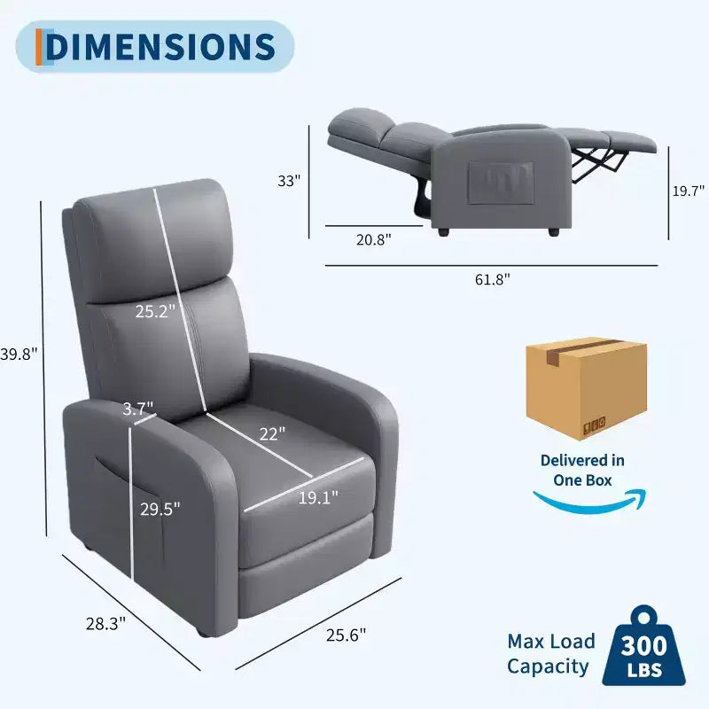 Fauteuil inclinable pour adultes, fauteuil inclinable paresseux en cuir PU ergonomique réglable avec poche latérale, dossier haut, accoudoirs larges et siège rembourré