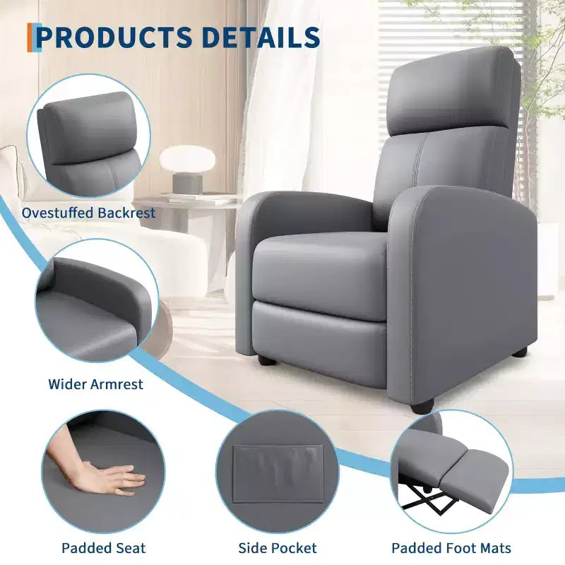 Fauteuil inclinable pour adultes, fauteuil inclinable paresseux en cuir PU ergonomique réglable avec poche latérale, dossier haut, accoudoirs larges et siège rembourré