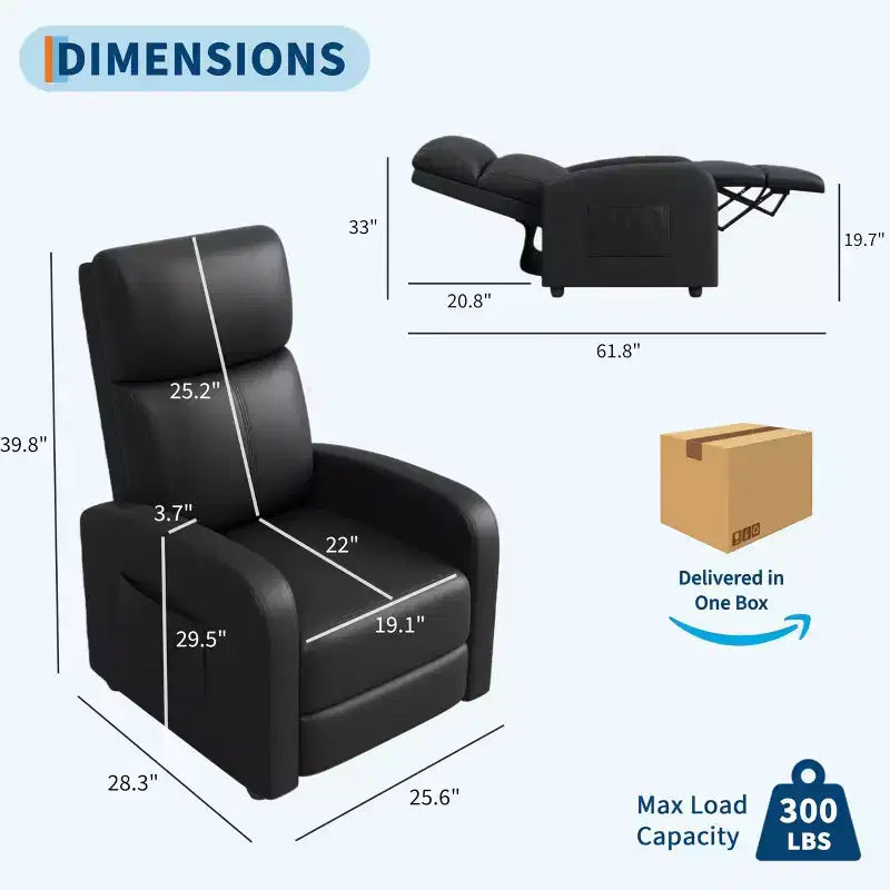 Fauteuil inclinable pour adultes, fauteuil inclinable paresseux en cuir PU ergonomique réglable avec poche latérale, dossier haut, accoudoirs larges et siège rembourré