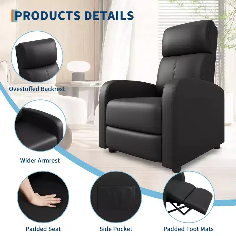 Fauteuil inclinable pour adultes, fauteuil inclinable paresseux en cuir PU ergonomique réglable avec poche latérale, dossier haut, accoudoirs larges et siège rembourré