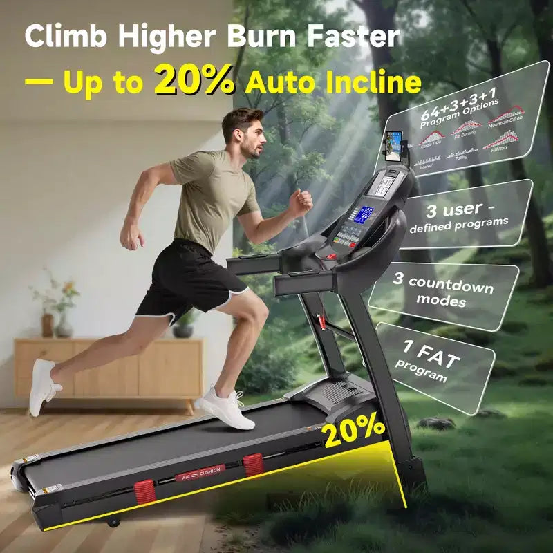 3-in-1 Folding Treadmill for Home 12mph, 4.8HP Running Treadmills with 20% Auto Incline, 400lbs Capacity, 71Programs, 18'' Wide Deck, Knee Support