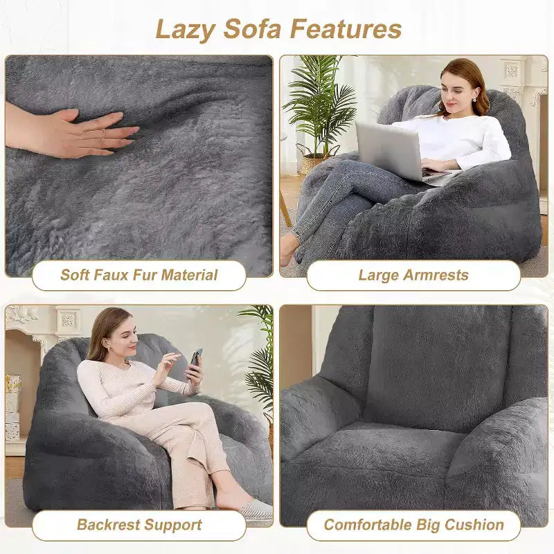 Extra Large Faux Fur Bean Bag Chair, Plush Floor Lounger with Handle for Living Room, Oversized Comfort for Adults, Durable and Easy to Move