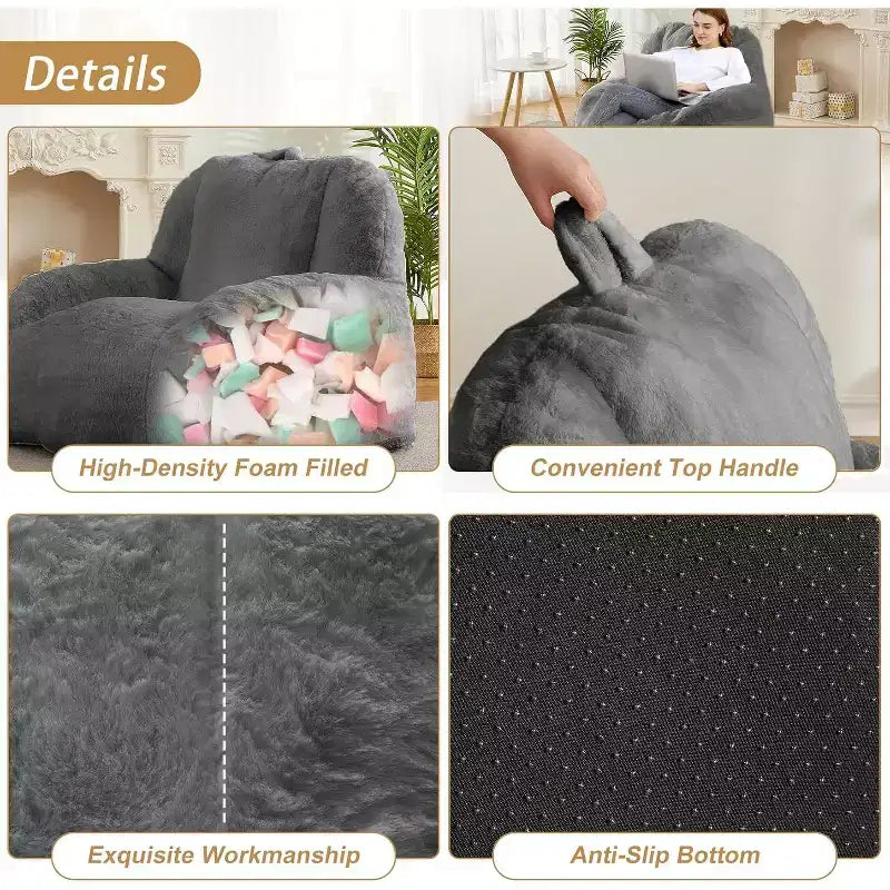 Extra Large Faux Fur Bean Bag Chair, Plush Floor Lounger with Handle for Living Room, Oversized Comfort for Adults, Durable and Easy to Move
