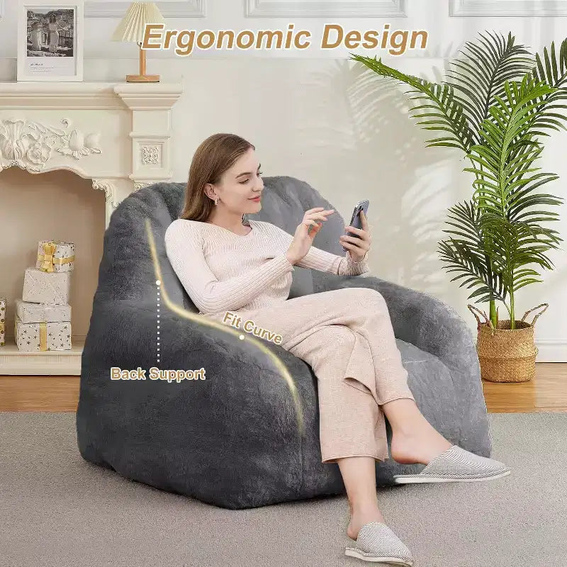 Extra Large Faux Fur Bean Bag Chair, Plush Floor Lounger with Handle for Living Room, Oversized Comfort for Adults, Durable and Easy to Move