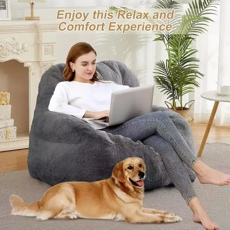 Extra Large Faux Fur Bean Bag Chair, Plush Floor Lounger with Handle for Living Room, Oversized Comfort for Adults, Durable and Easy to Move