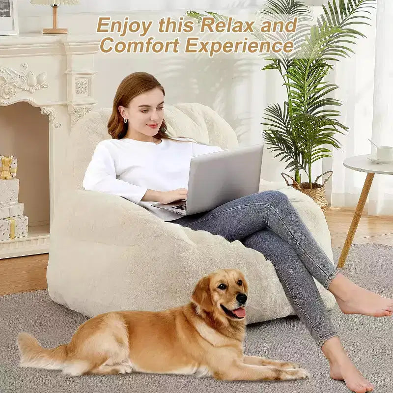 Extra Large Faux Fur Bean Bag Chair, Plush Floor Lounger with Handle for Living Room, Oversized Comfort for Adults, Durable and Easy to Move