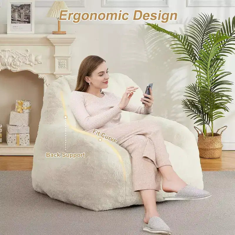 Extra Large Faux Fur Bean Bag Chair, Plush Floor Lounger with Handle for Living Room, Oversized Comfort for Adults, Durable and Easy to Move