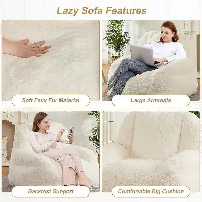 Extra Large Faux Fur Bean Bag Chair, Plush Floor Lounger with Handle for Living Room, Oversized Comfort for Adults, Durable and Easy to Move